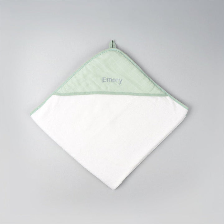 Green Bamboo Hooded Towel Personalised with "Emery" in Grey Thread