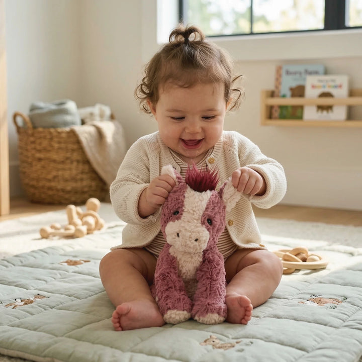 Baby playing with Gund’s Cozys Horse Plush Toy