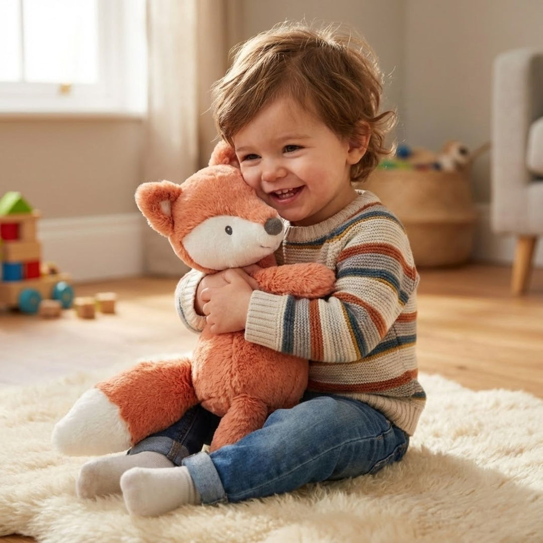 Boy hugging Baby Gund Toothpick Emory the Fox 12 Inches