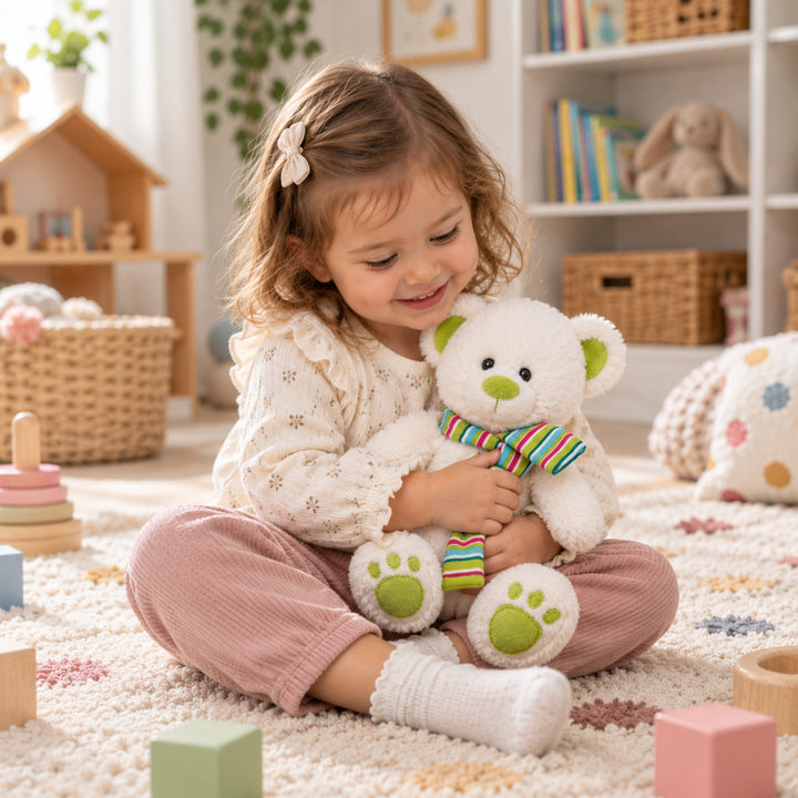 Little girl sitting in a cosy playroom, cuddling a white plush teddy bear with green paw pads and a colourful striped scarf.