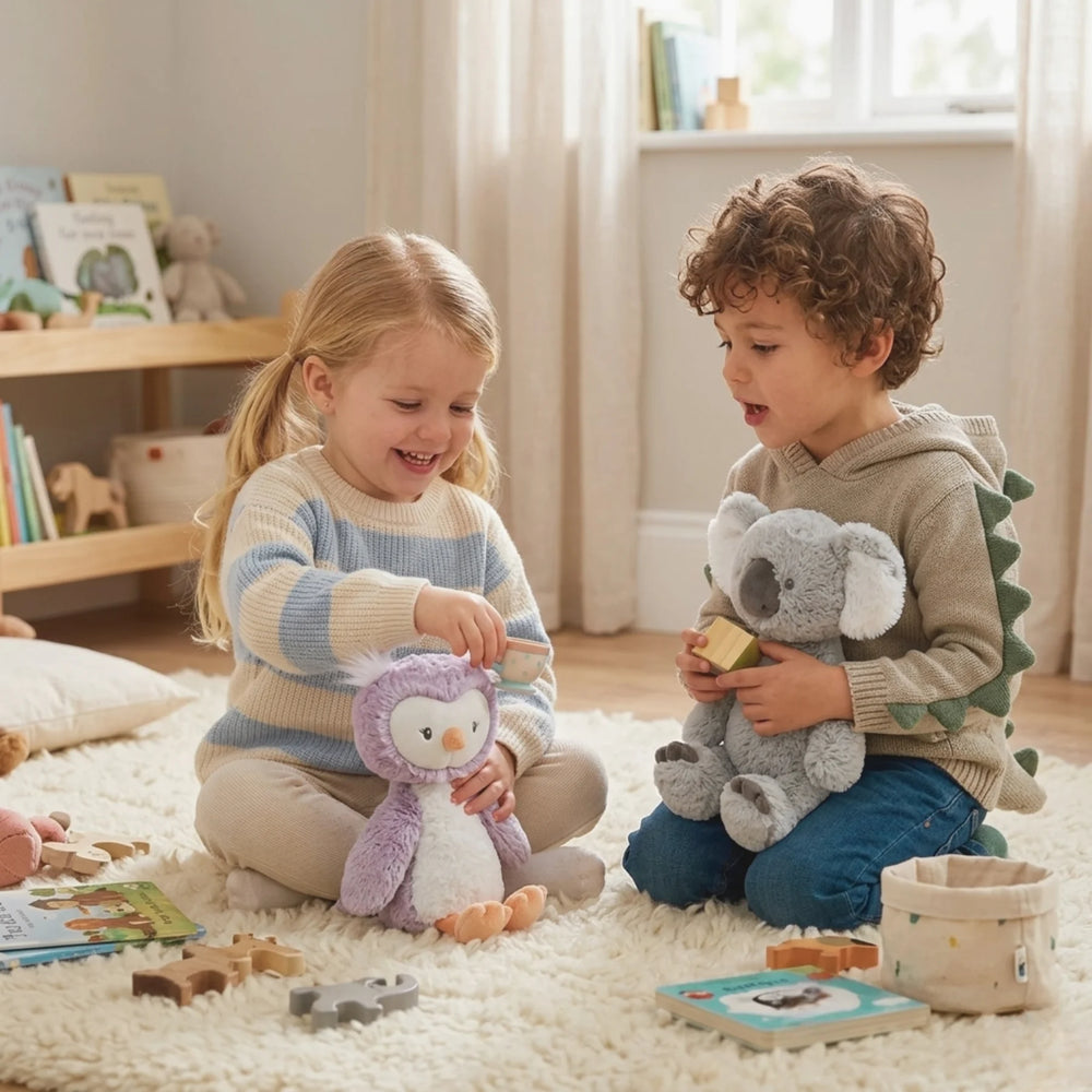 Two children playing with GUND soft toys on a carpeted floor in a bright room.