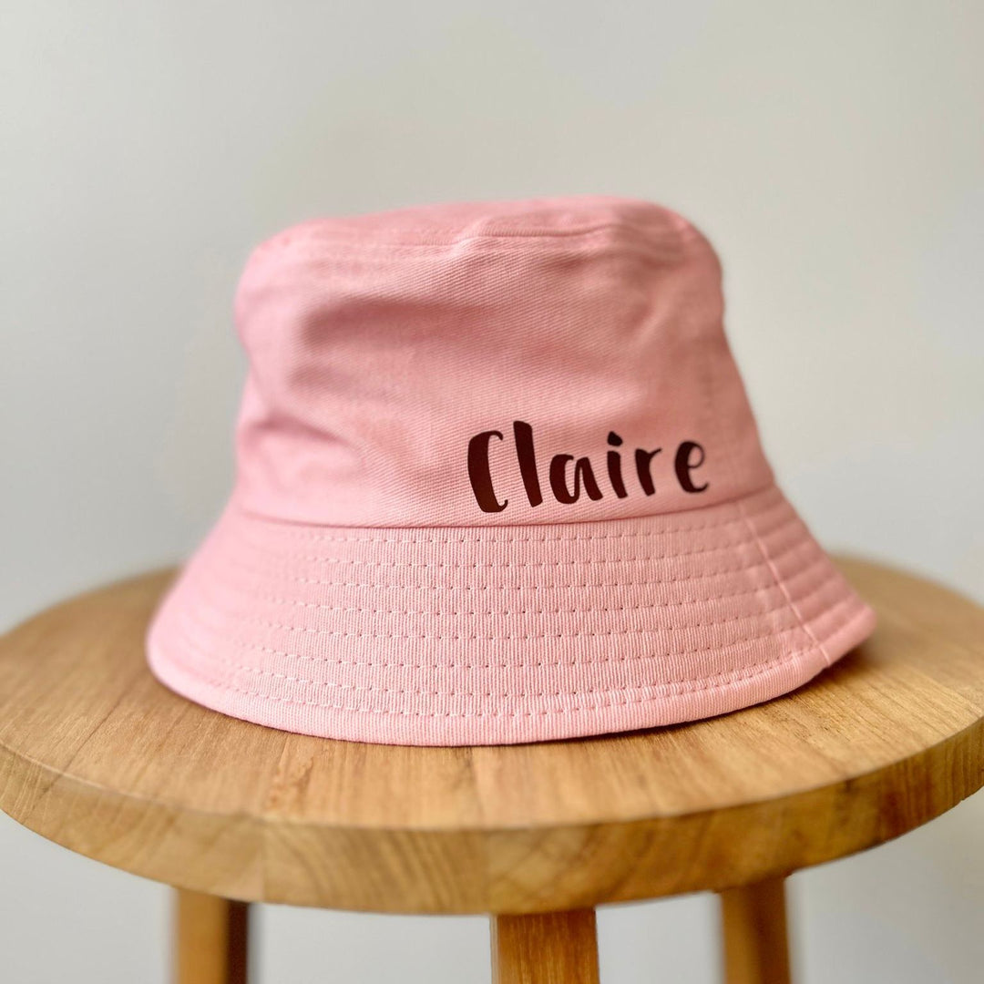 Hats by Fly Pink Bucket Hat personalised with "Claire" in Brown