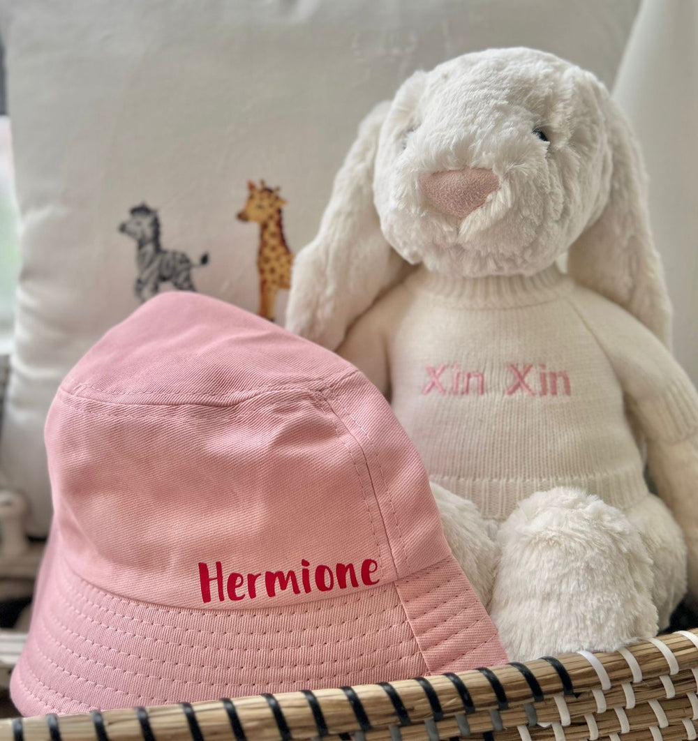 Hats by Fly Personalised Pink Bucket Hat with Jellycat Cream Bunny 