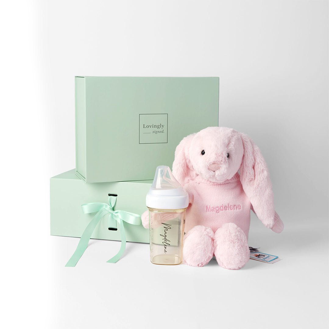 LS x Hegen Bunny Gift Set consisting of Personalised Hegen Bottle and Jellycat Pink Bunny