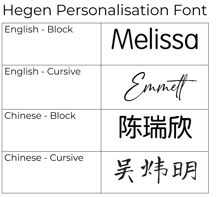 Hegen Personalisation in 4 fonts