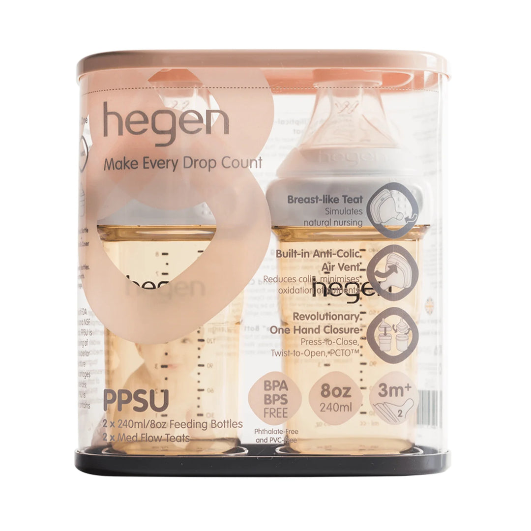 Twin Hegen 240ml/8oz baby feeding bottles with medium flow teats

Pair of Hegen baby bottles for easy feeding and growing appetite