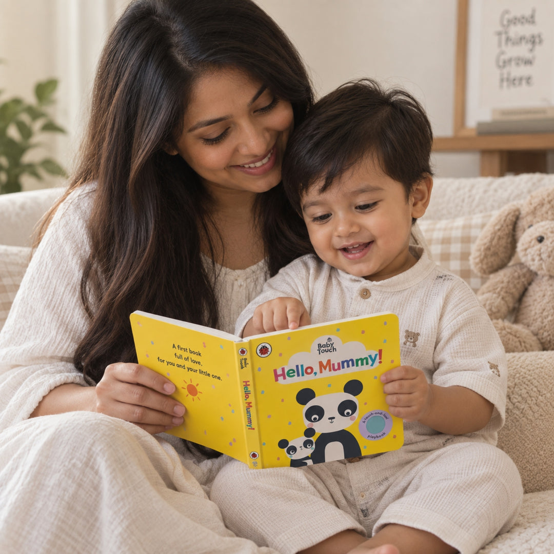 Mother and toddler reading the Baby Touch Hello, Mummy! touch-and-feel board book together in a cosy home setting.