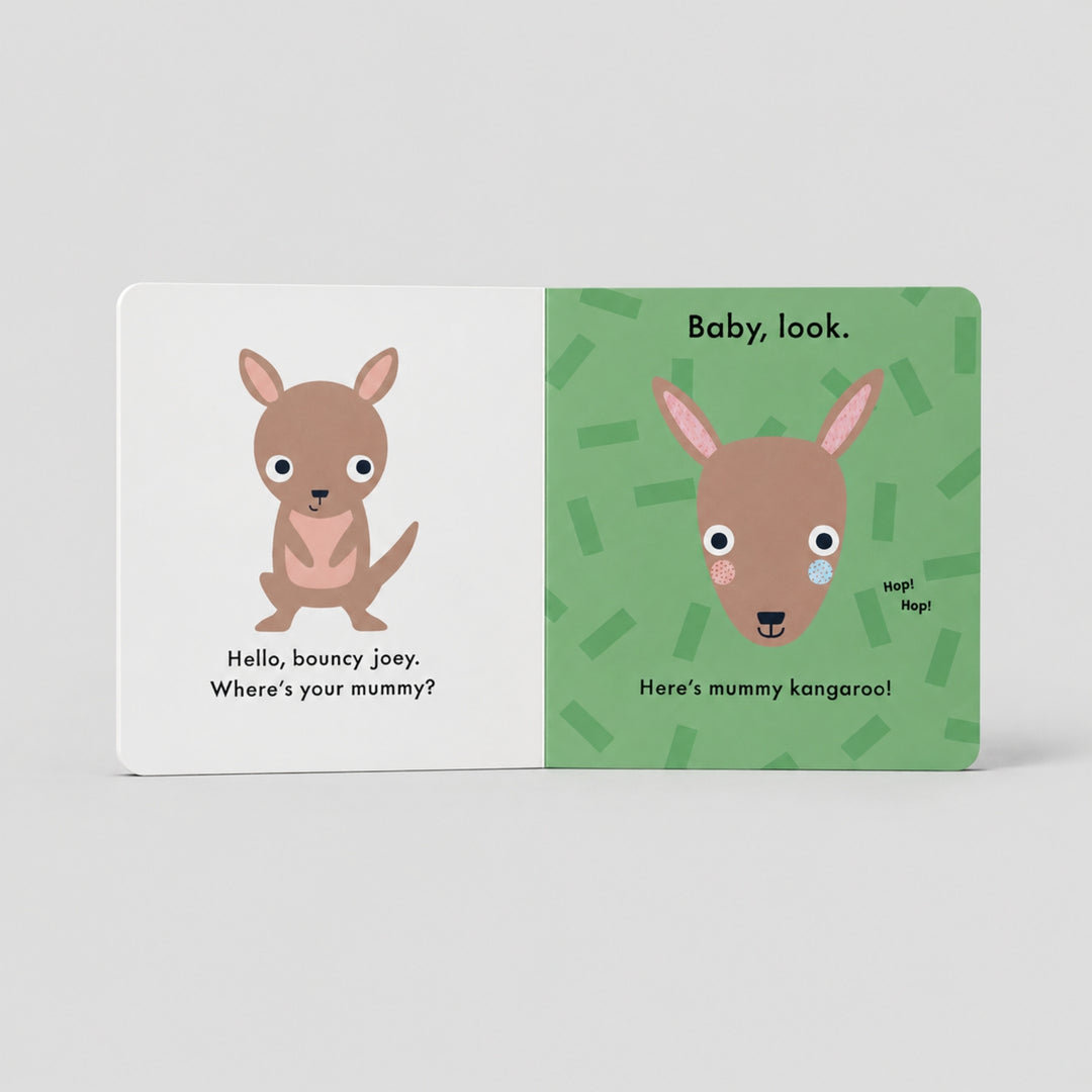 Baby Touch Hello, Mummy! board book open to a colourful kangaroo page with simple illustrations and baby-friendly text.