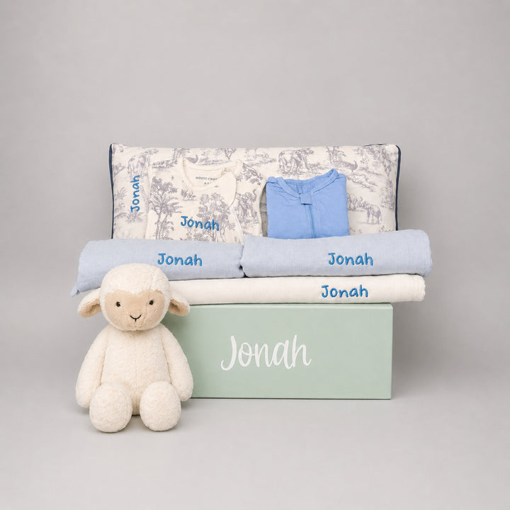 Collection of baby items including a blue plush toy, baby clothes, and blankets on a gray background.