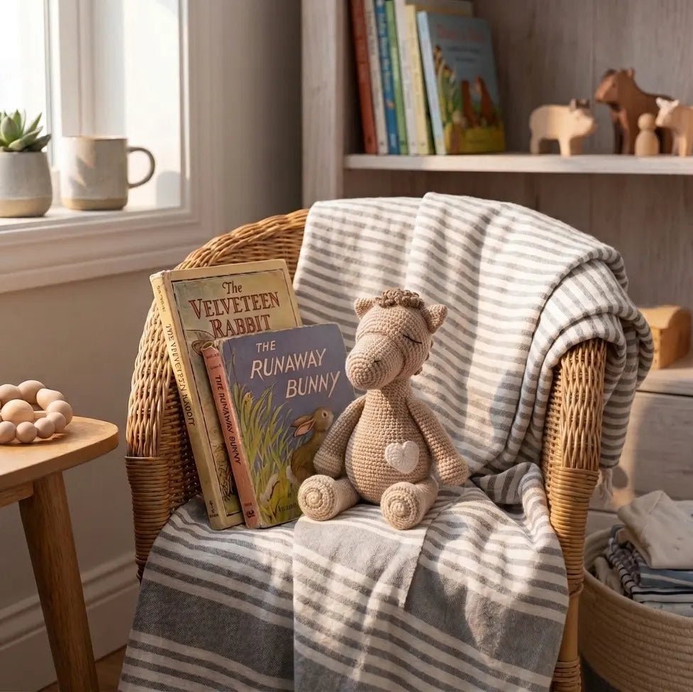 Sensory crochet horse for babies featuring a grippable knit texture and gentle earth-toned colors.