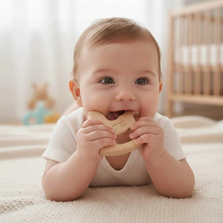 Baby chewing on the horse-shaped wooden teether 