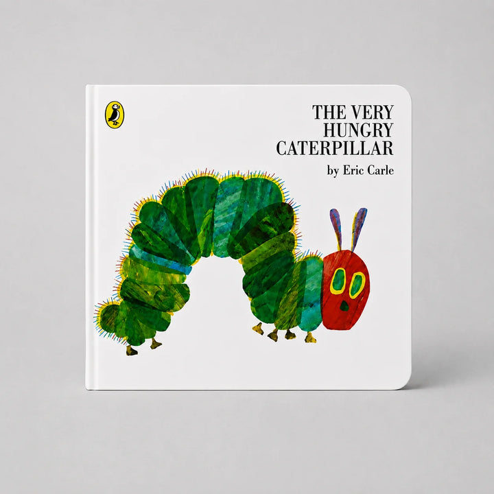 Book cover of 'The Very Hungry Caterpillar' by Eric Carle on a gray background