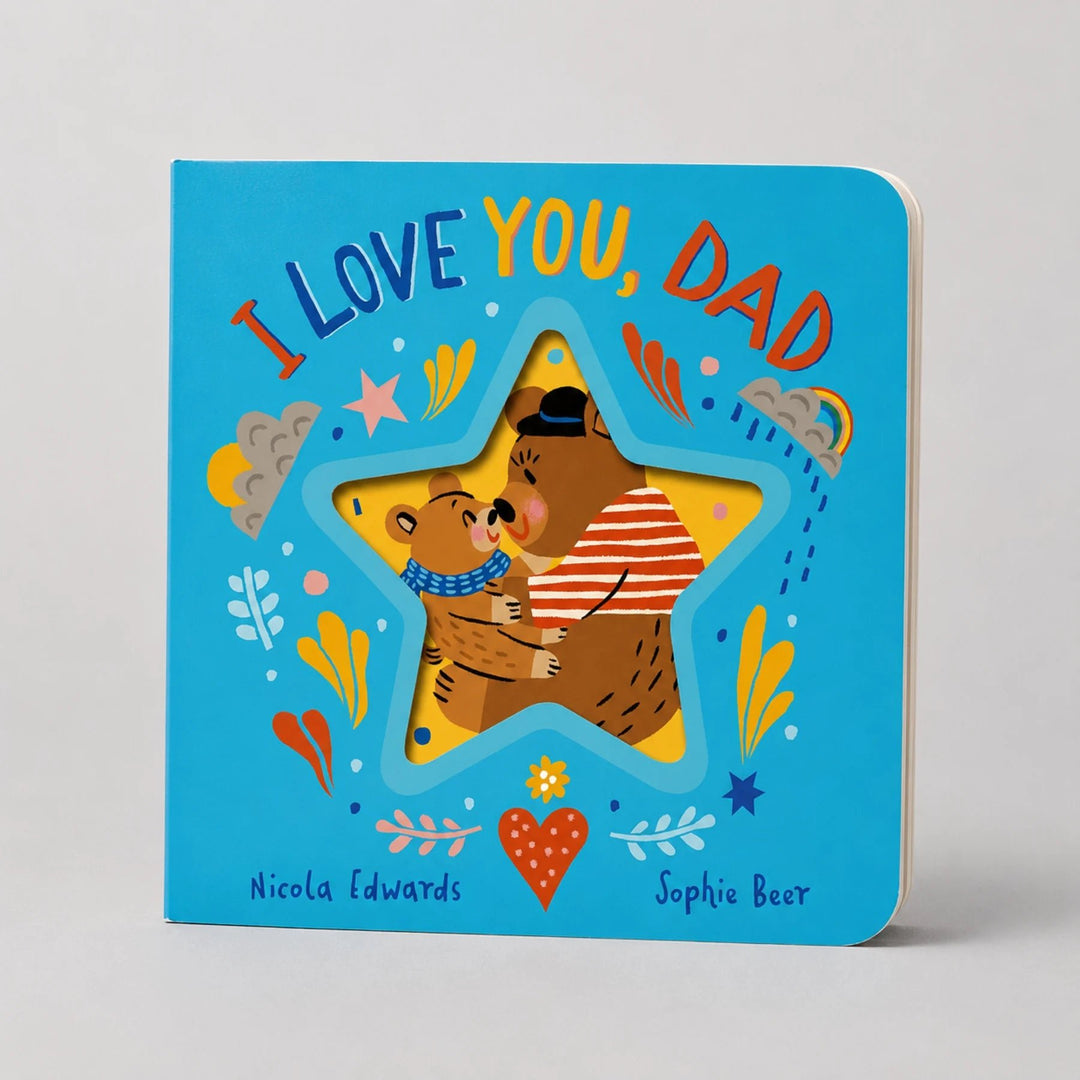 Children's book titled 'I Love You, Dad' with a bear illustration on a blue background