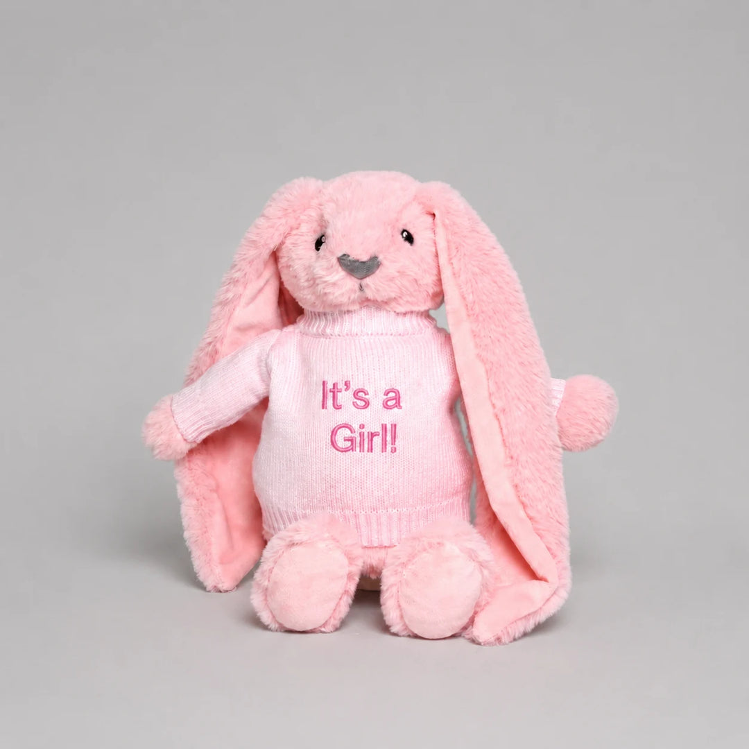 Pink bunny soft toy wearing a personalised “It’s a Girl!” jumper, displayed against a light grey studio background.