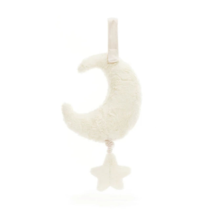 Jellycat Amuseables Moon Musical Pull shown from the opposite side, featuring the plush crescent moon shape, hanging loop and soft star pull.