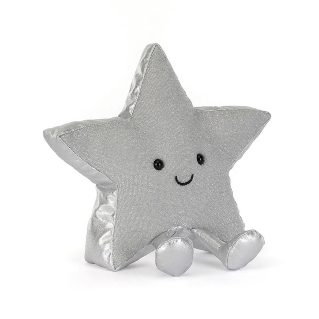 Jellycat Amuseables Silver Star plush toy with shimmering silver fabric, a smiling face and metallic silver legs.