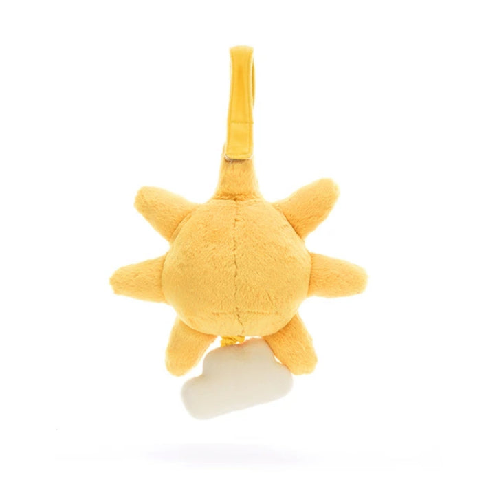 Yellow Jellycat Amuseables Sun Musical Pull viewed from the back, with soft plush sun rays, a hanging strap and a small cream cloud pull beneath.