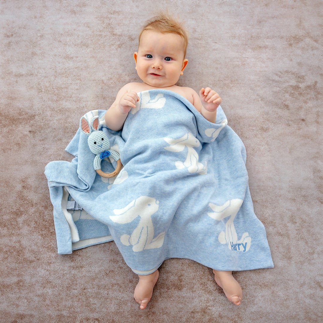 Baby covering with Jellycat Blue Bashful Bunny Blanket