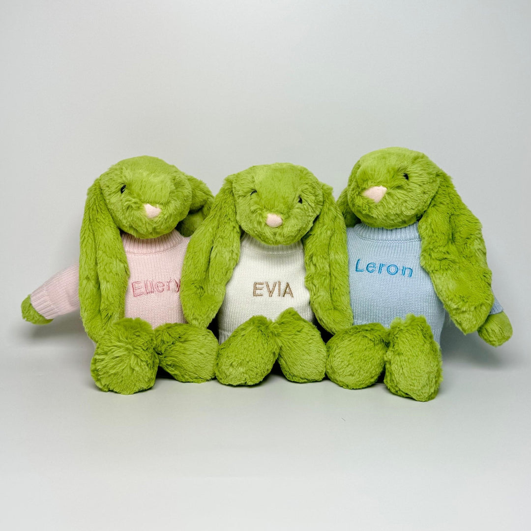 Jellycat Bashful Apple Bunny in personalised pink, cream and blue jumper