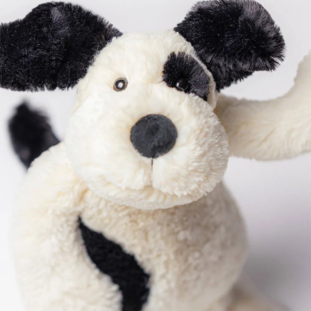 Close Up of Jellycat Bashful Bashful Black & Cream Puppy in Medium Size