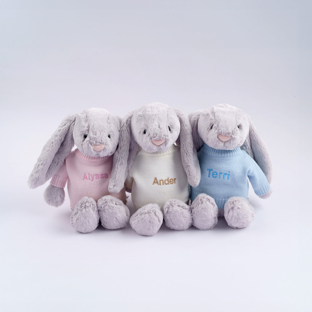 lJellycat Bashful Silver Bunny in Personalised Clothing