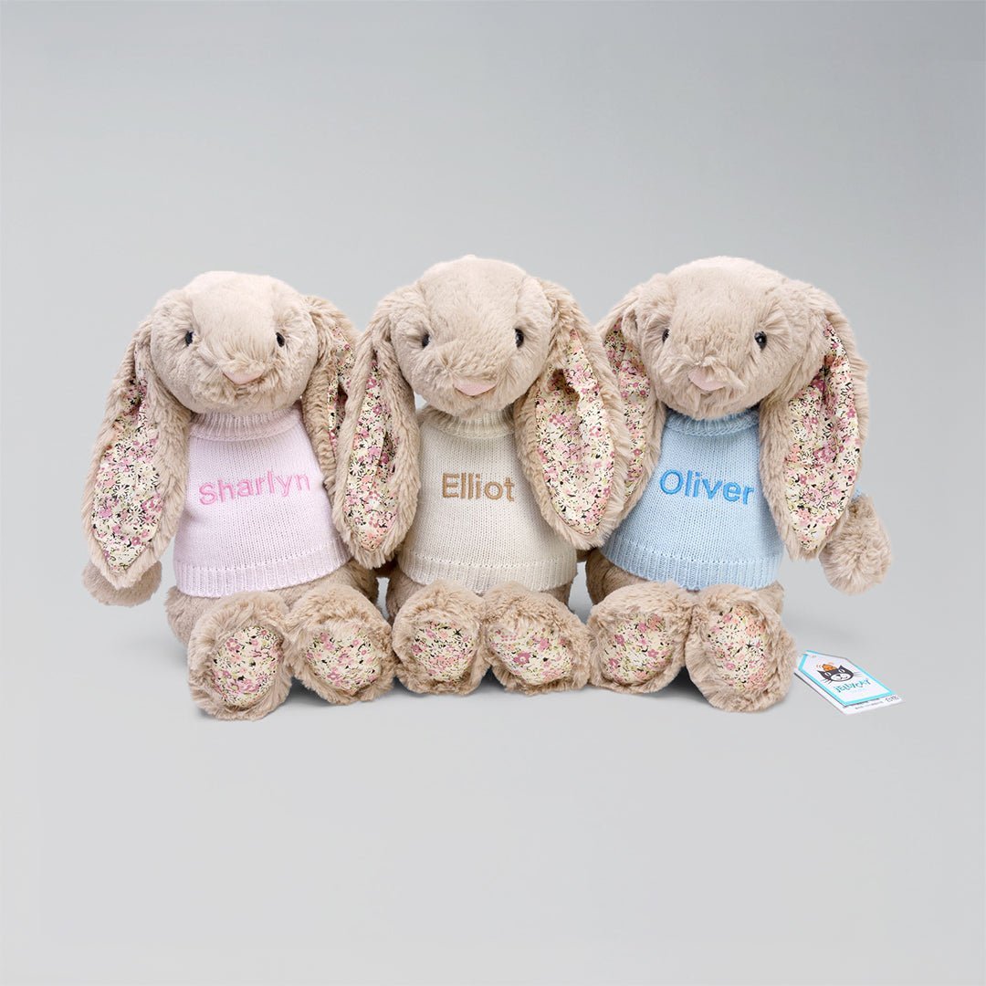 Jellycat Bashful Blossom Bea Beige Bunny in Personalised Shirt