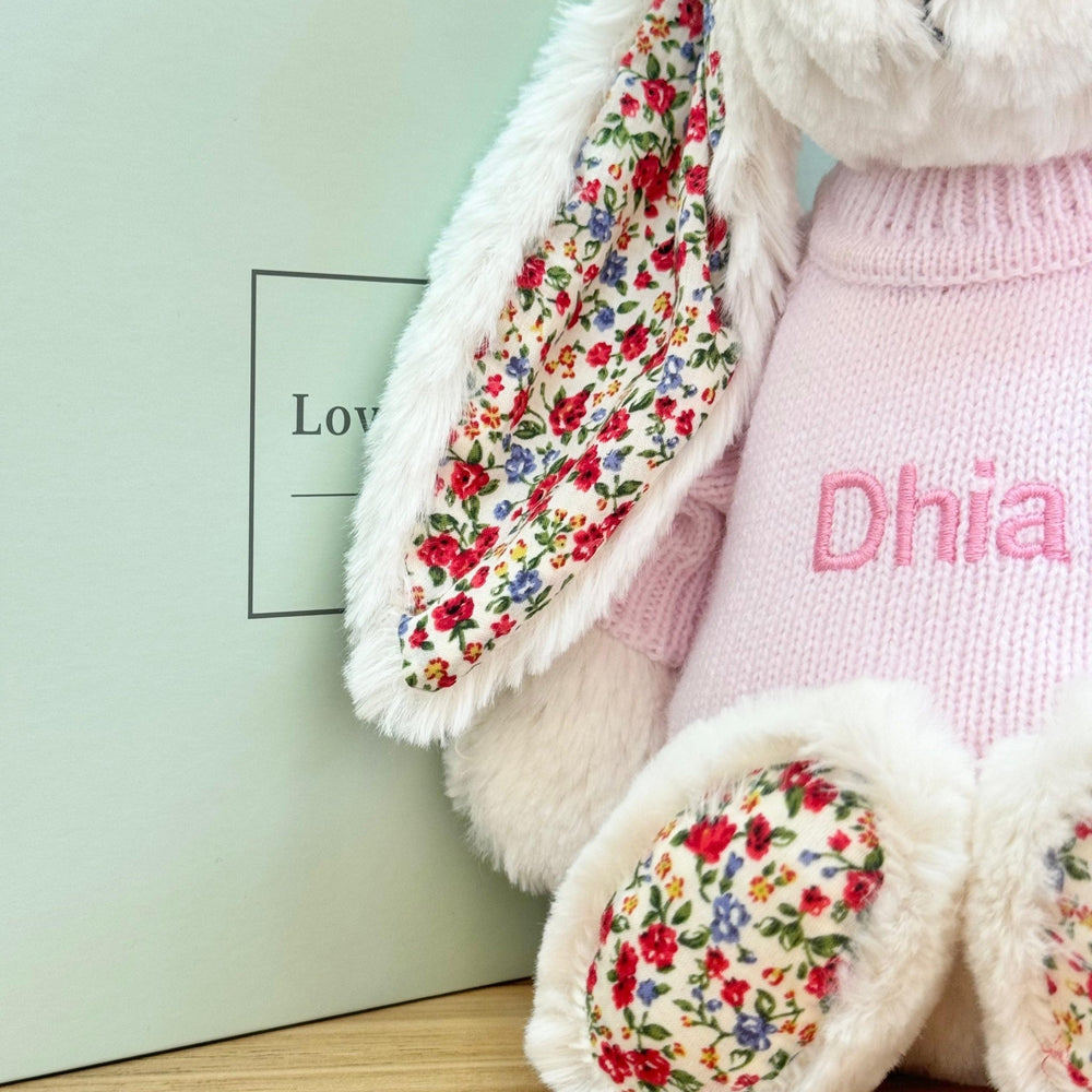 Close up of Jellycat Bashful Blossom Cream Bunny in Personalised Shirt