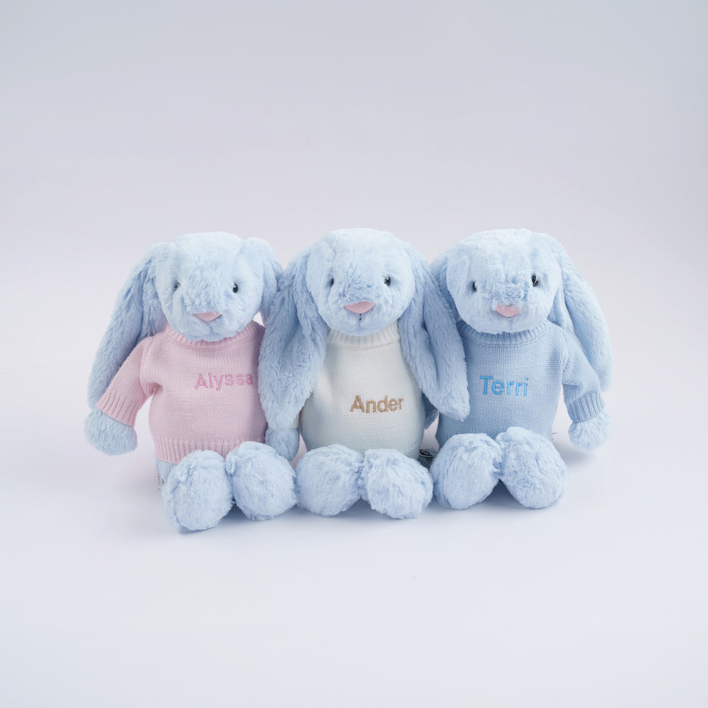 Jellycat Bashful Blue Bunny in Personalised Jumper