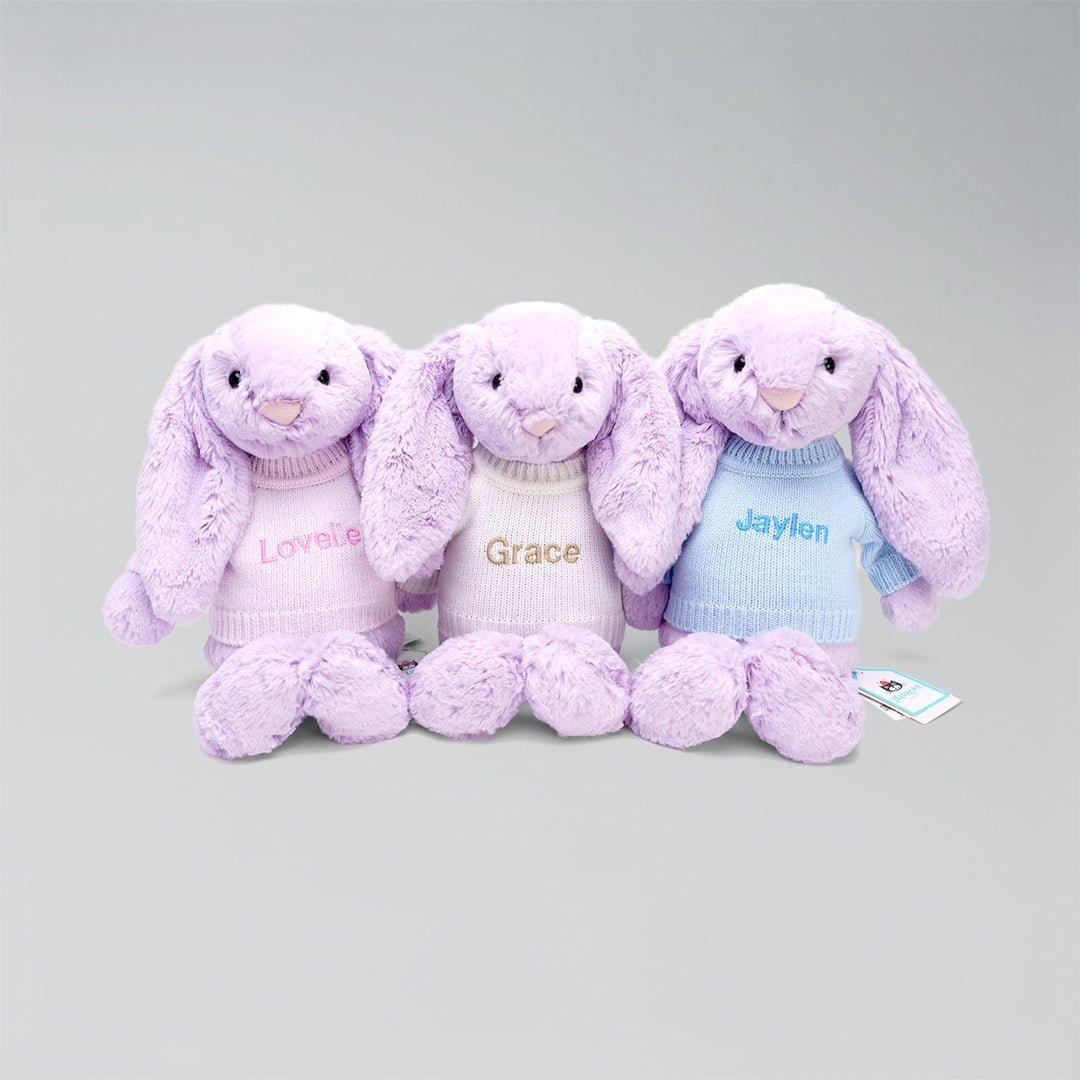 Jellycat Bashful Lilac Bunnies in Personalised Clothing