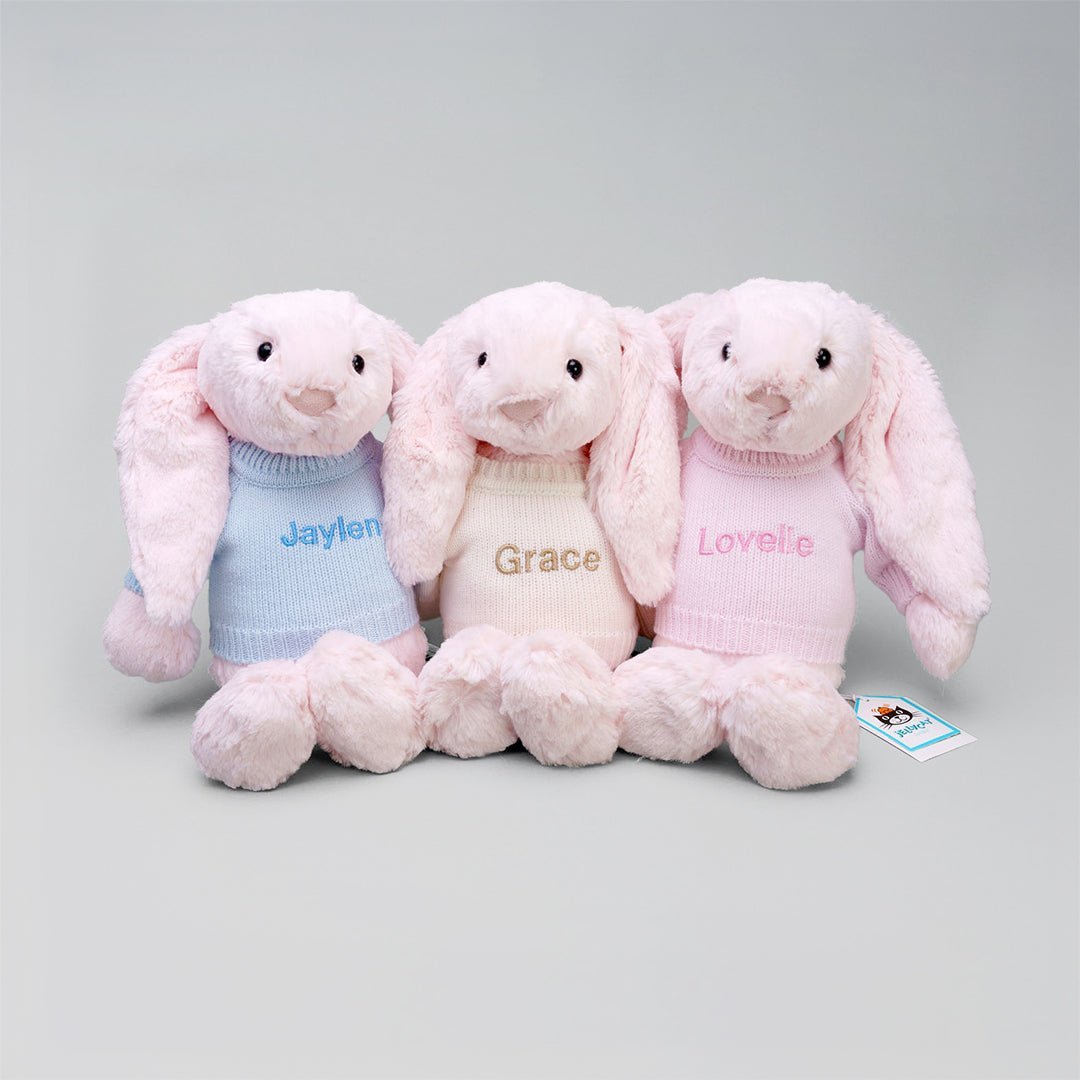 Jellycat Bashful Pink Bunny in Personalised Jumper