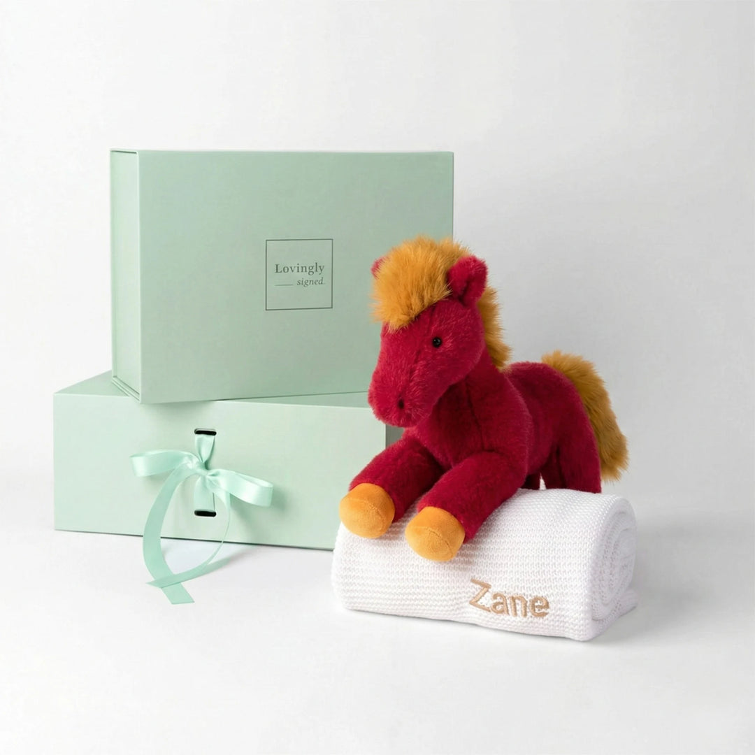 Jellycat Festive Horse with Bamboo Cellular Blanket Year of the Horse Baby Gift Set