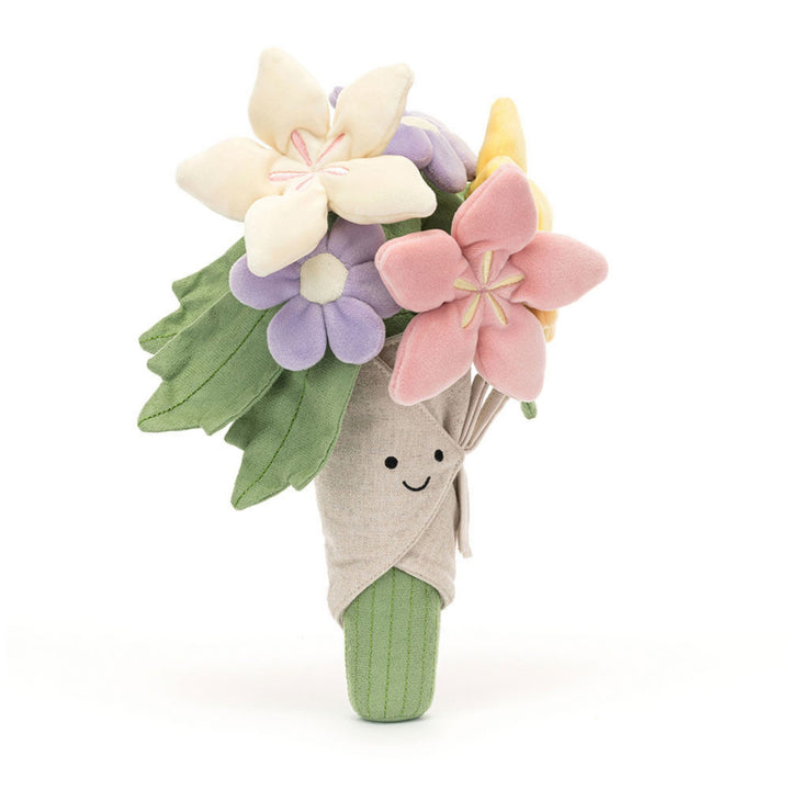 Jellycat Amuseables Bouquet of Flowers soft toy with pink, yellow, cream and purple flowers, green leaves and smiling fabric wrap.