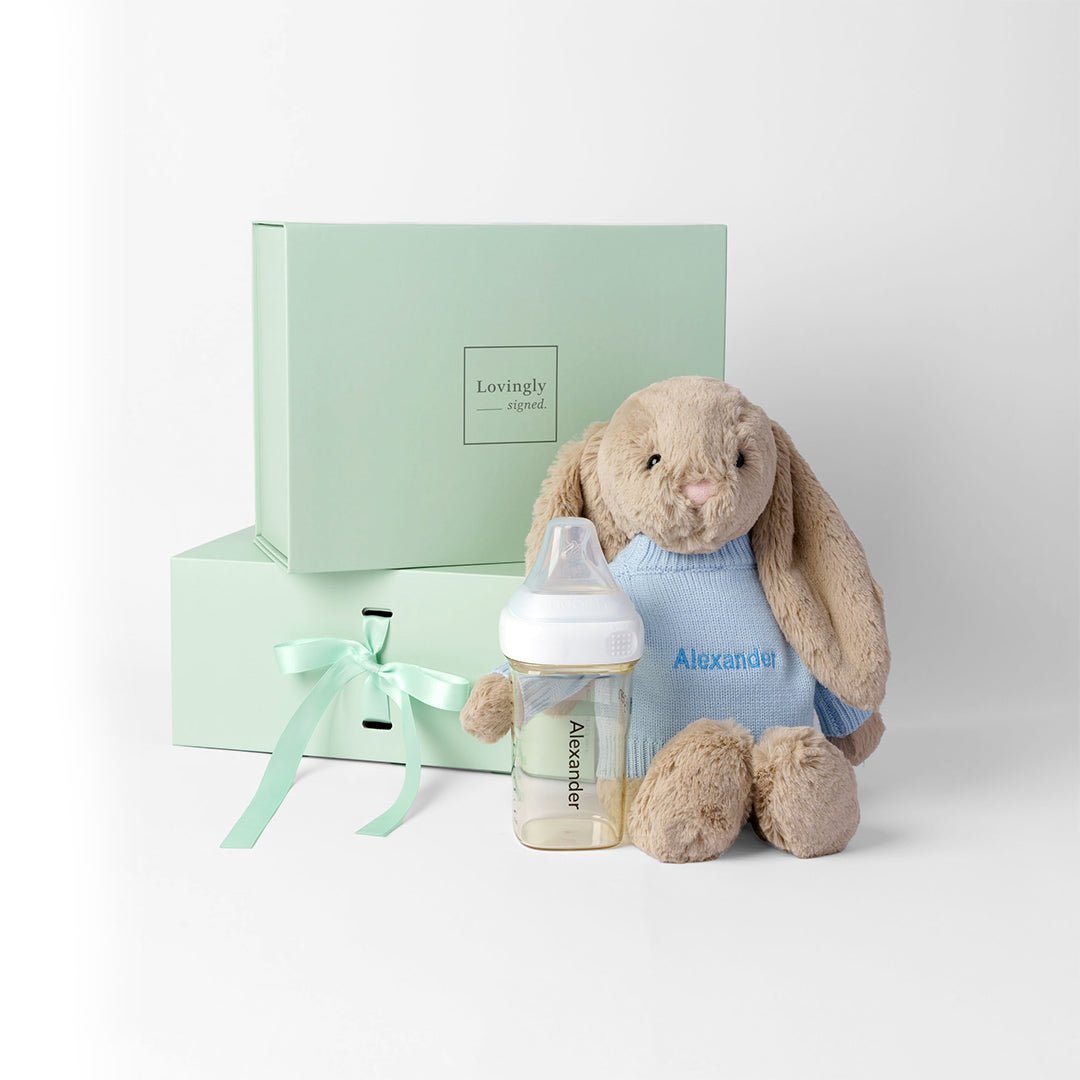 LS x Hegen Bunny Gift Set consisting of Personalised Hegen Bottle and Jellycat Beige Bunny