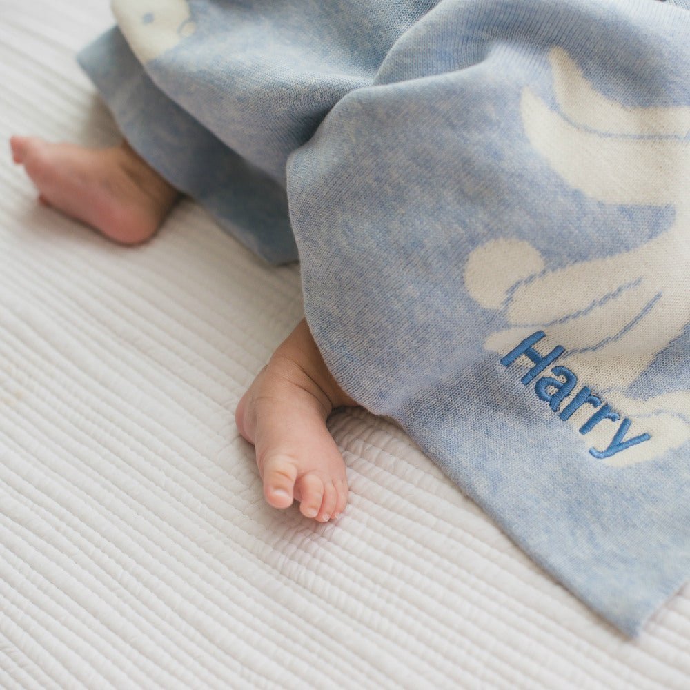 Baby covering with Jellycat Blue Bashful Bunny Blanket