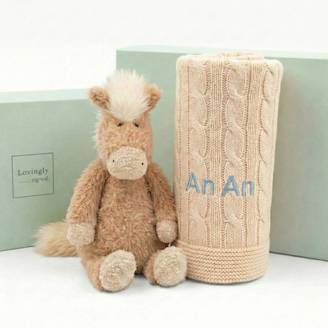 Canterneigh Pony with Organic Cotton Cable Knit Blanket Baby Gift Set