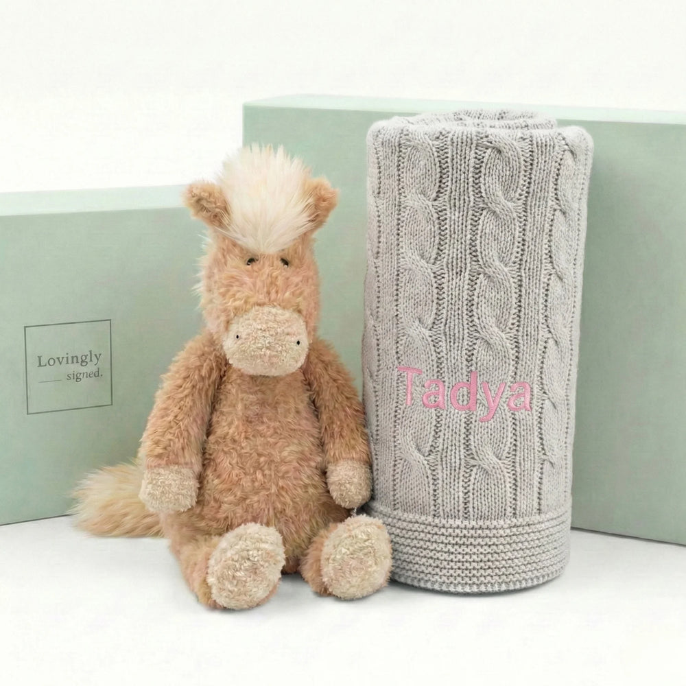 Luxury Baby Hamper Featuring Canterneigh Pony and Personalised Organic Cotton Blanket