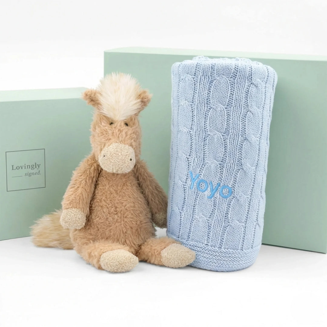 Newborn Gift Set with Soft Canterneigh Pony and Personalised Cable Knit Blanket