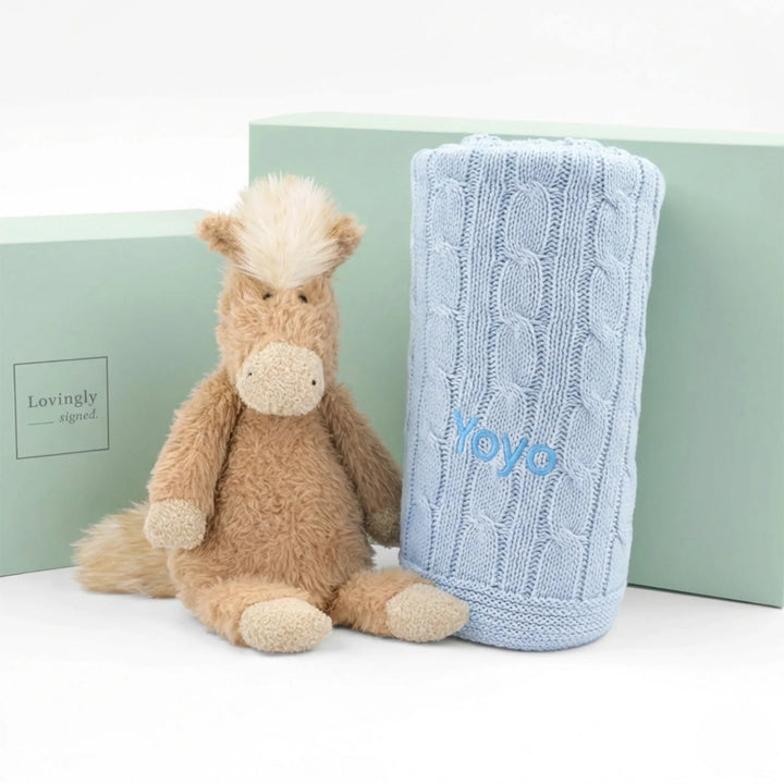Newborn Gift Set with Soft Canterneigh Pony and Personalised Cable Knit Blanket