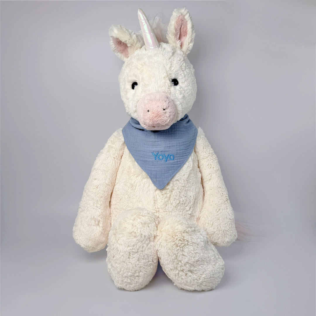 Jellycat Really Big Bashful Unicorn with Blue Bib personalied with "Yoyo"