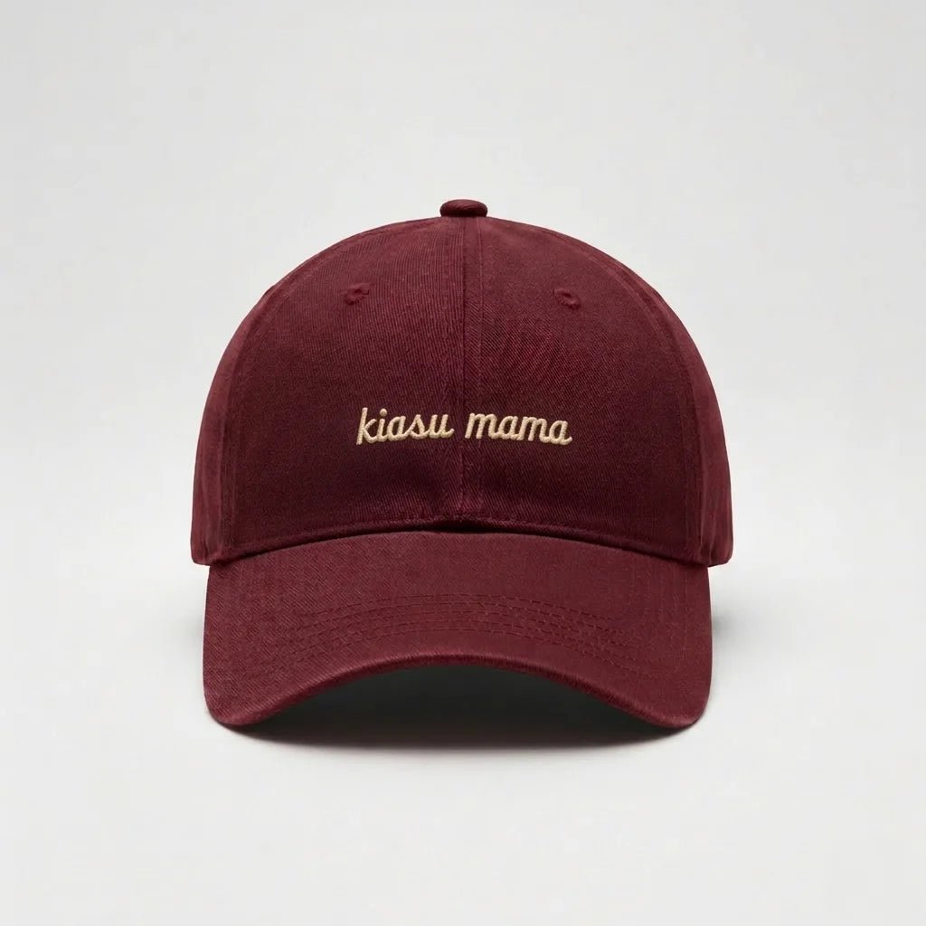 Wine red mama cap with “kiasu mama” in 1-line design