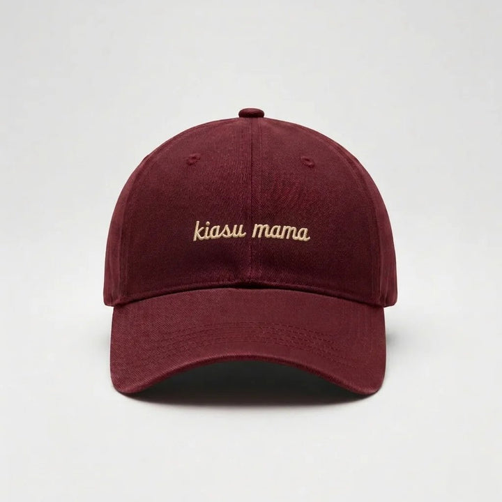 Wine red mama cap with “kiasu mama” in 1-line design