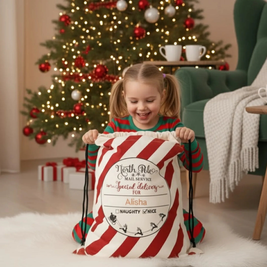 Child holding a personalised Christmas sack in front of a decorated tree