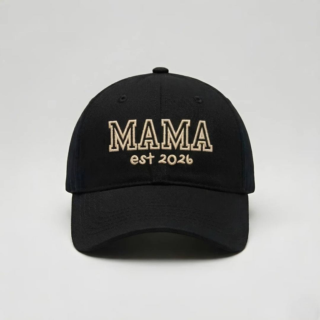 Black mama cap featuring “MAMA est 2026” block outline style
