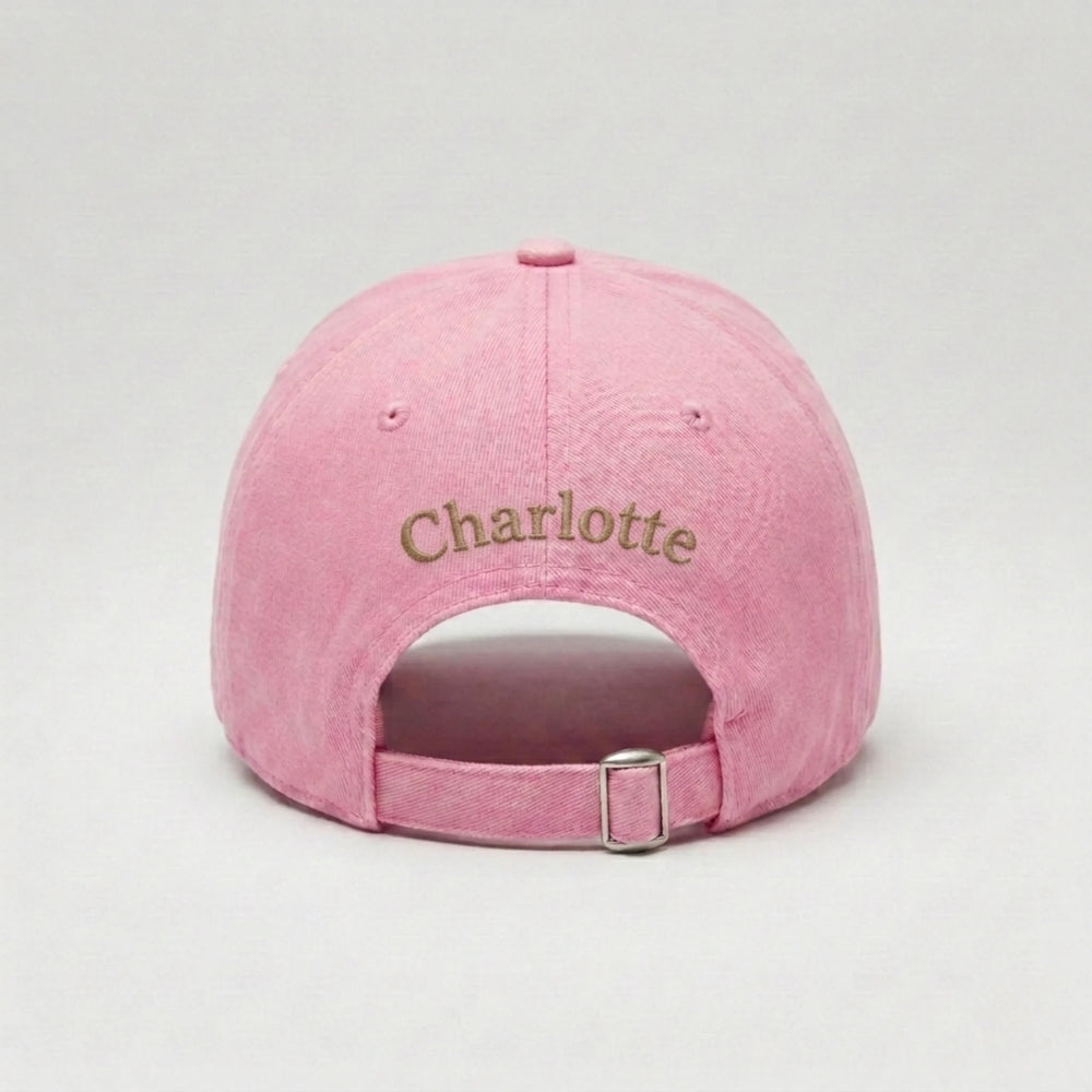 Pink mama cap with 'Charlotte' embroidered on the back. Personal Touch