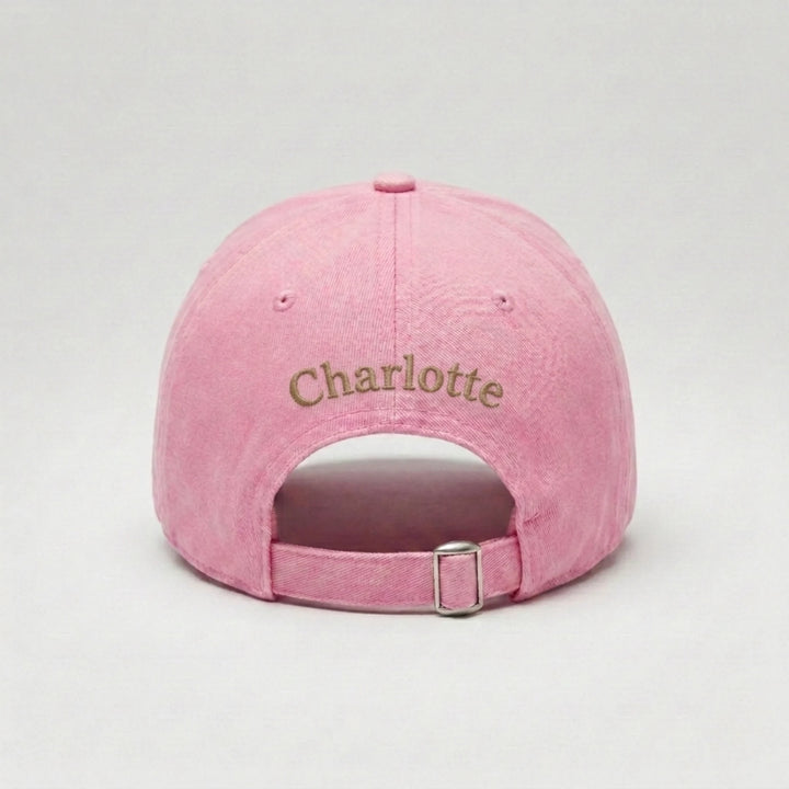 Pink mama cap with 'Charlotte' embroidered on the back. Personal Touch