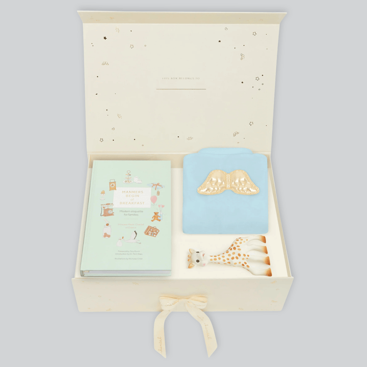 Marie Chantal First Baby Set consisting for Angel Wing Sleepsuit, Manners Begin at Breakfast Book and Sophie la Giraffe Teether