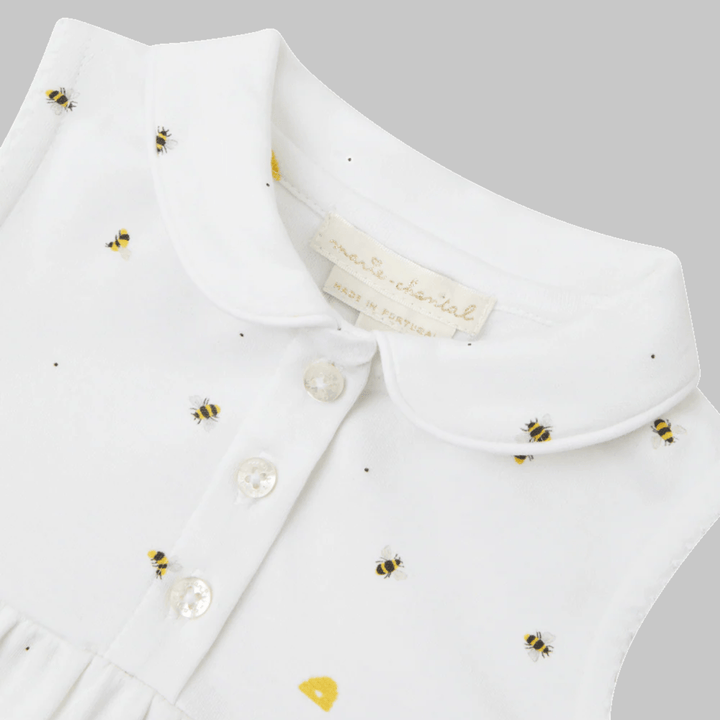 Close up of Marie Chantal's Honeybee Bubble Onesie featuring honeybee prints