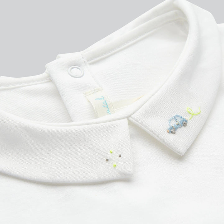 Close up of Marie Chantal's Ethan Embroidered Collar Onesie - Car

