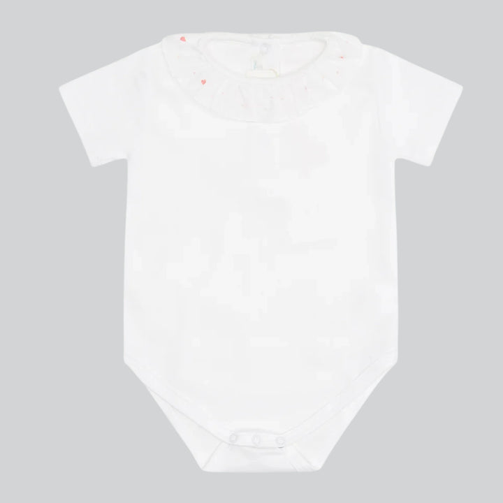Marie Chantal's Elize Heart Embroidered Ruffle Collar Onesie