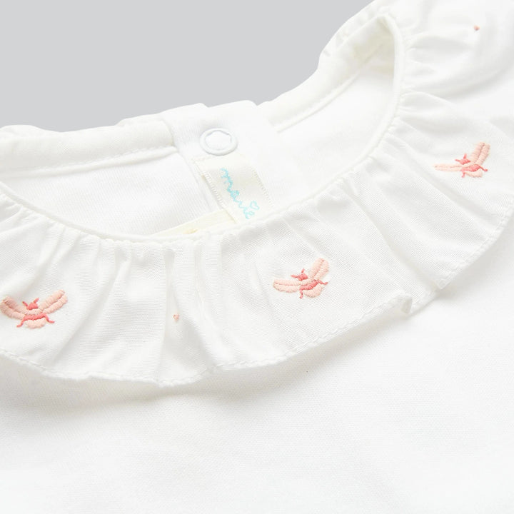 Close up of Marie Chantal's Alexandra Ruffle Collar Onesie, Bee Embroidered